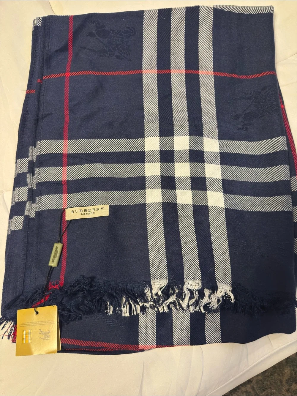 Burberry Navy Plaid Scarf with Red Accent